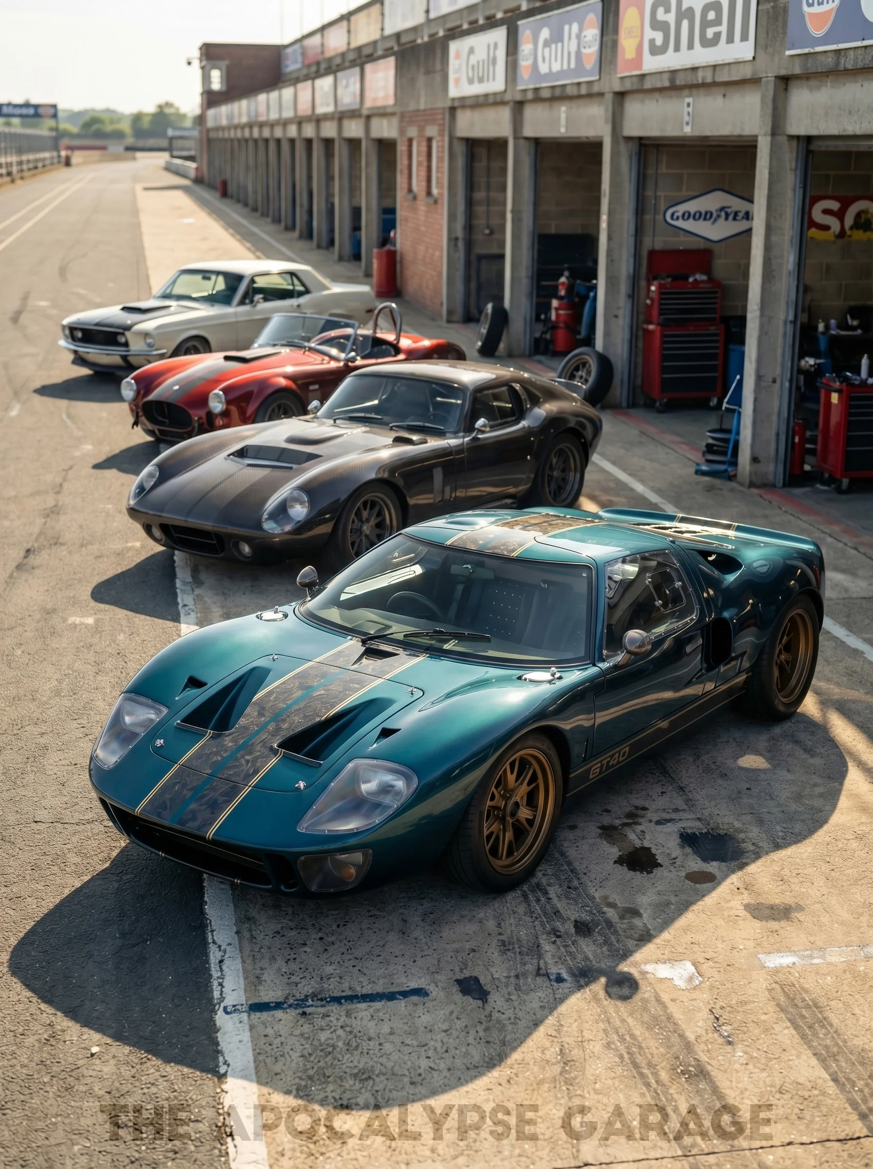 The four restored cars in the pit lane